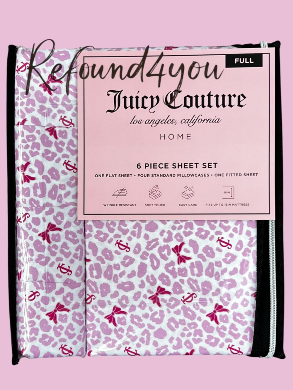 Juicy Couture - ‘Leopard & Bows - pink’ full-size sheet set. NWT. Firm!